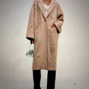Cinq à Sept Women's Oyster Beige Gravis Rose Embellished Coat Size  Extra Small